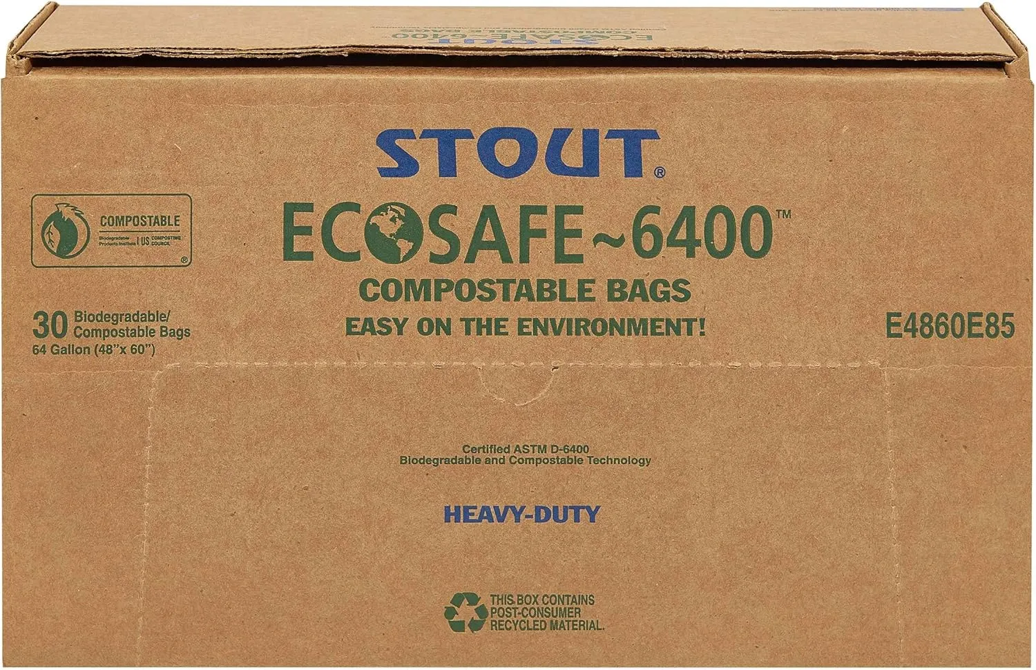 Stout EcoSafe-6400 Compostable Bags, 0.85 mil, 64-Gallon (48 x 60), Green, 30/Box