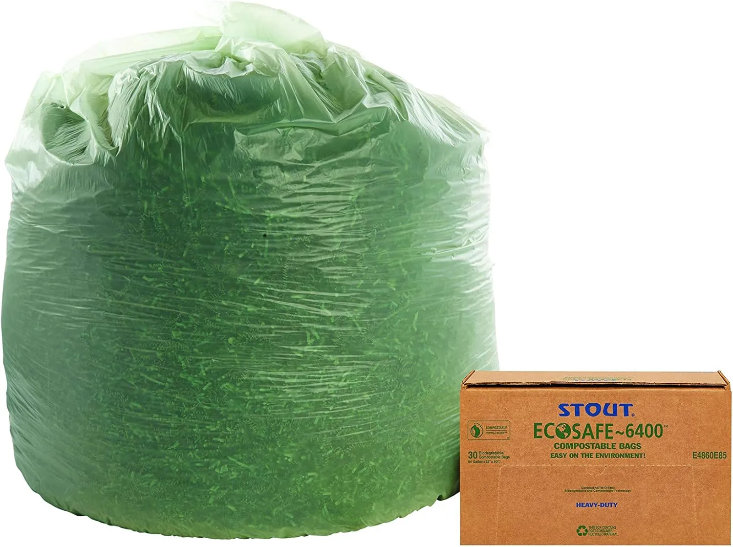 Stout EcoSafe-6400 Compostable Bags, 0.85 mil, 64-Gallon (48 x 60), Green, 30/Box