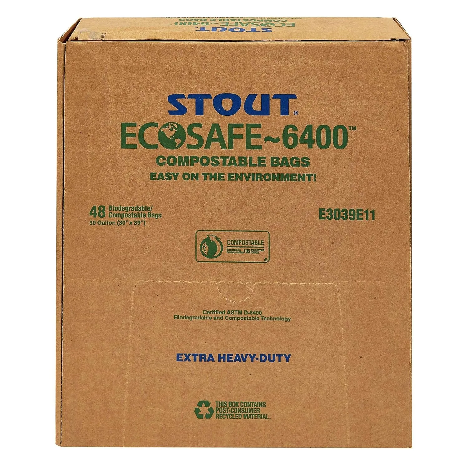 Stout by Envision Ecosafe-6400 Bags, 48 Gal, 0.85 Mil, 42" X 48", Green, 40/box