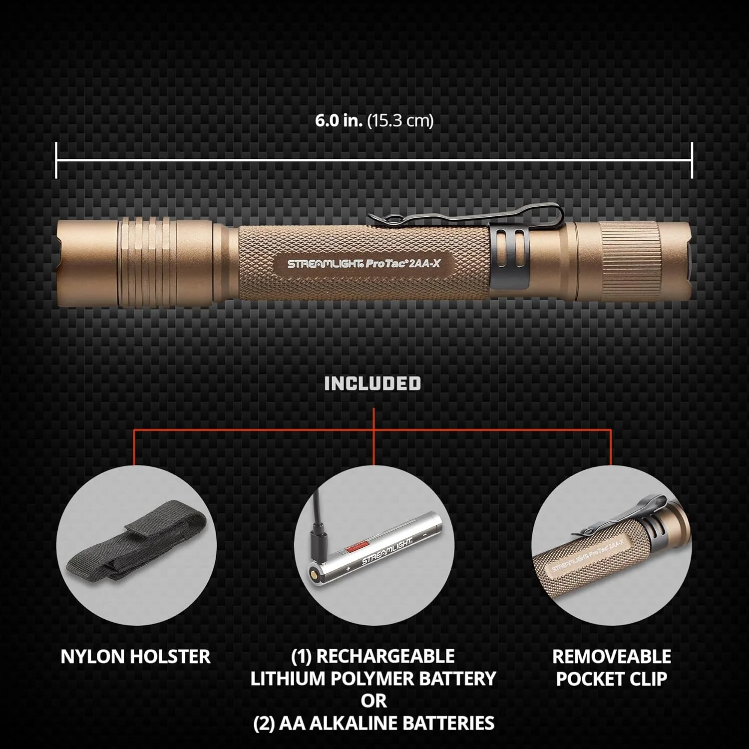 Streamlight 88137 ProTac 2AA-X USB 550-Lumen Multi-Fuel Personal Carry Tactical Flashlight, Coyote