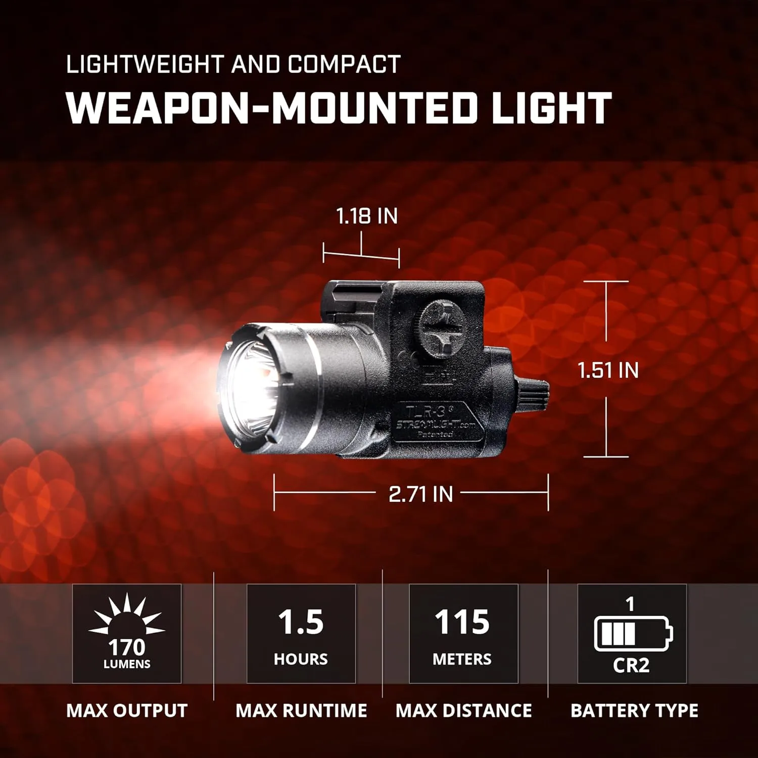 Streamlight 69220 TLR-3 170-Lumen Lightweight, Compact Weapon Mounted Tactical Light with Rail Locating Keys, Black