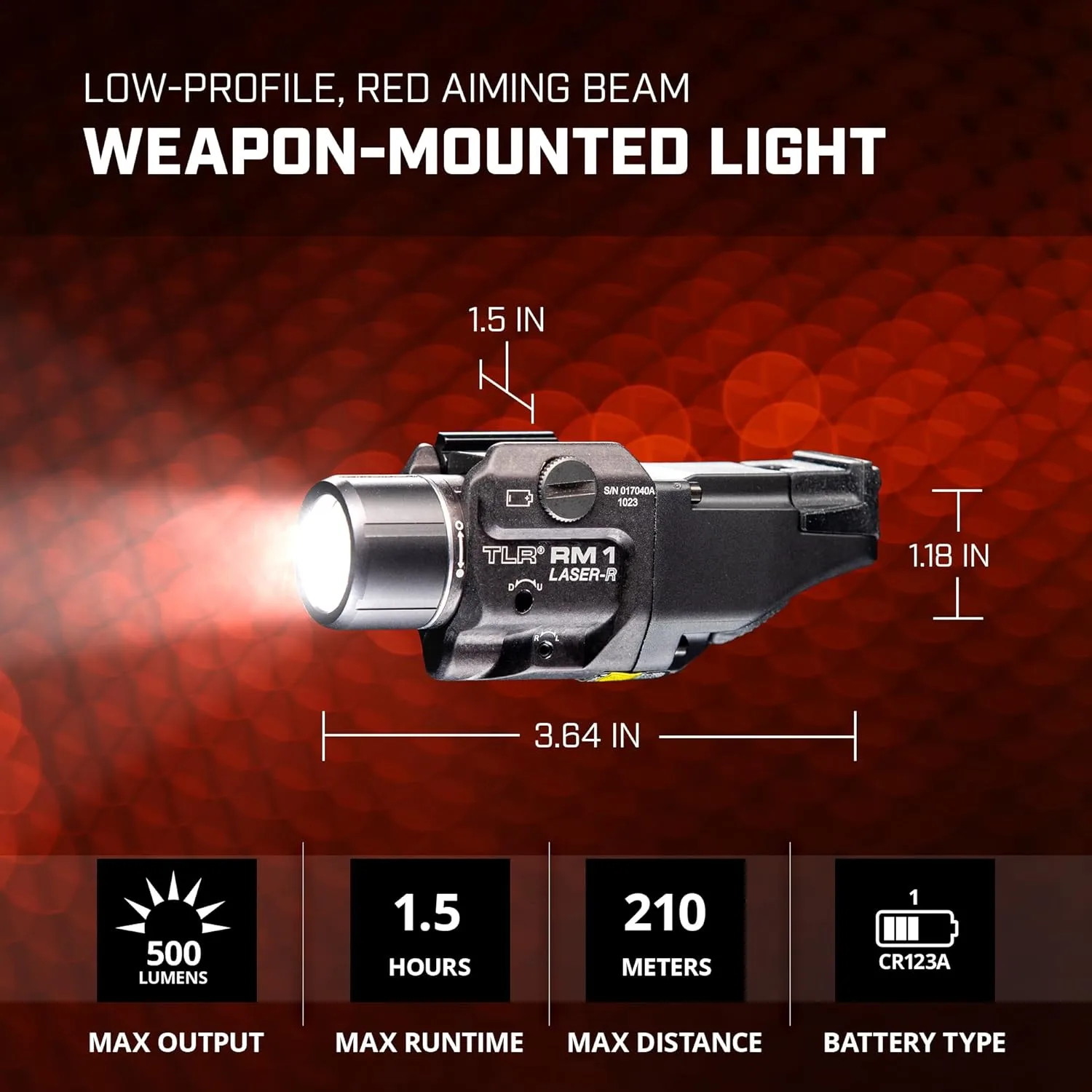 Streamlight 69445 TLR RM 1 500-Lumen Rail-Mounted Tactical Weapon Light with Integrated Red Aiming Laser