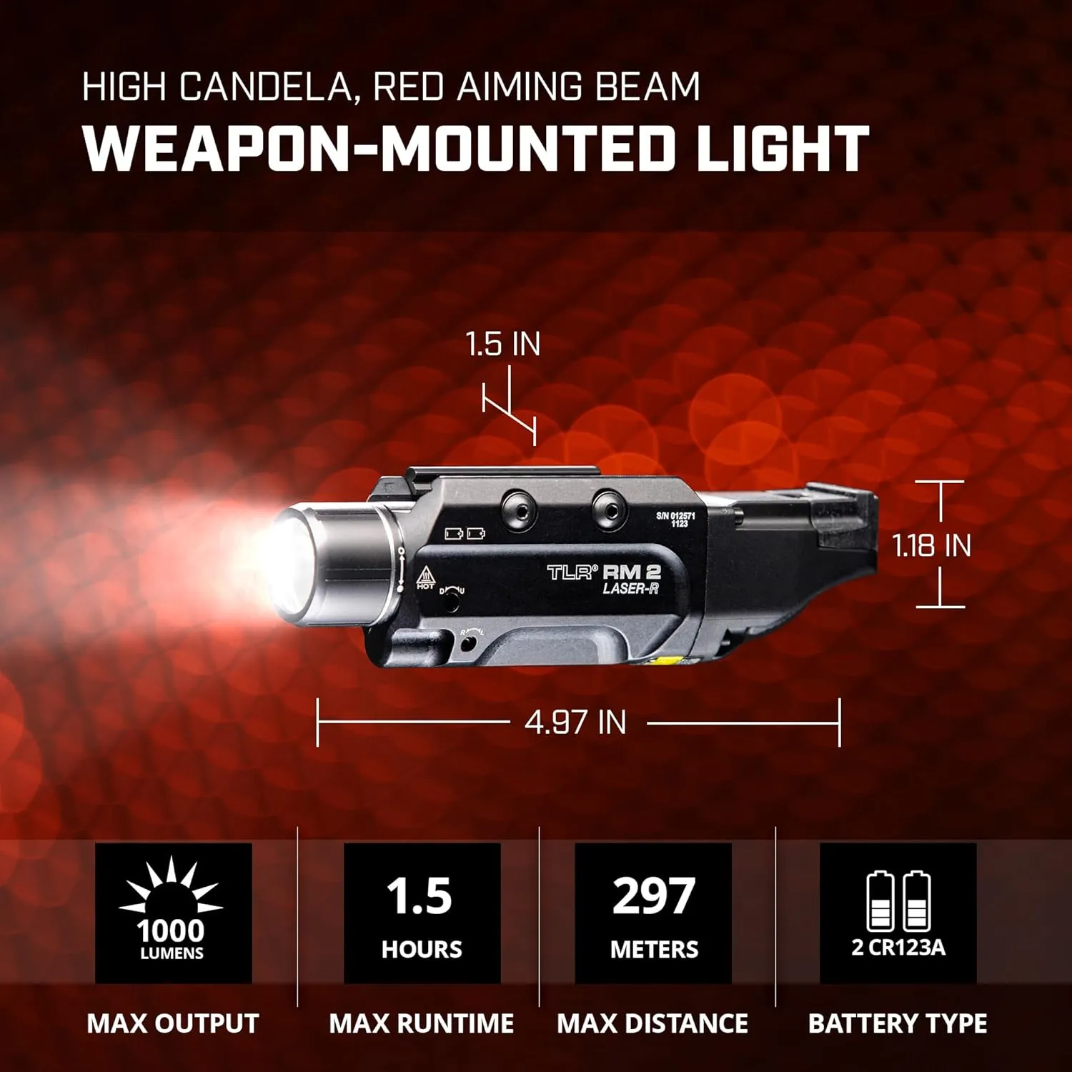 Streamlight 69447 TLR RM 2 1000-Lumen Rail-Mounted Tactical Weapon Light with Integrated Red Aiming Laser