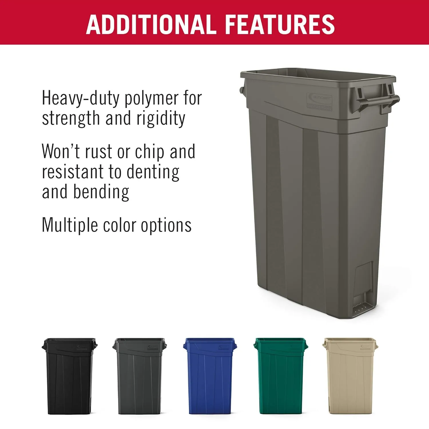 Suncast Commercial TCNH2030BK Narrow Trash Can With Handles, 30.00" Height x 11.08" Width, 23 gal Capacity, Black