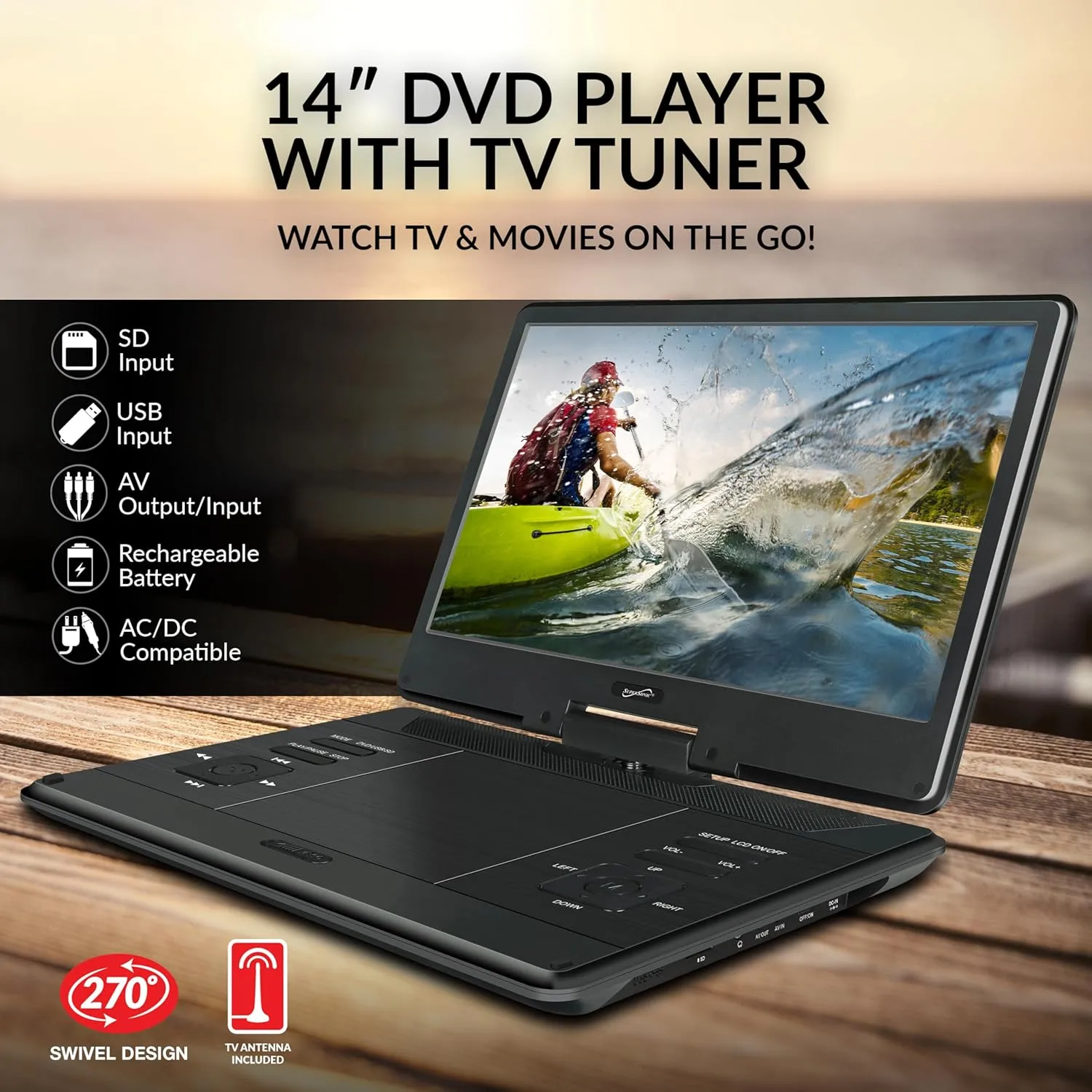 Supersonic SC-2514 14" Portable DVD Player with 270° Swivel LED