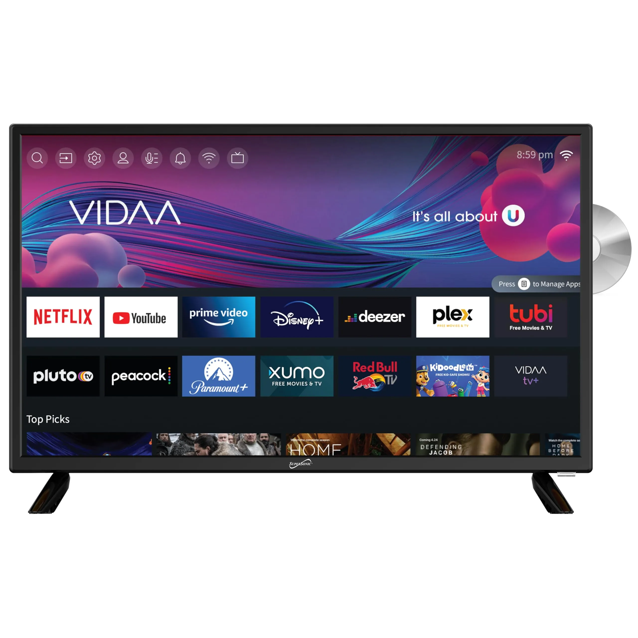Supersonic SC-2426SDVD 24-inch LED Smart HDTV w/DVD, 1080p, WiFi, 3x HDMI