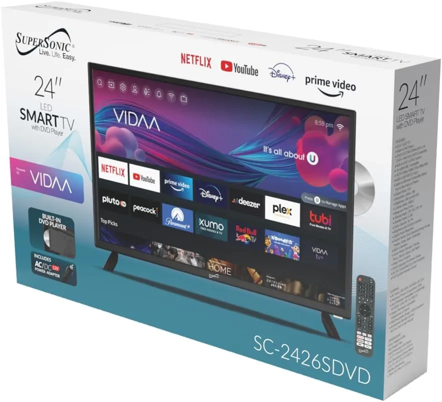 Supersonic SC-2426SDVD 24-inch LED Smart HDTV w/DVD, 1080p, WiFi, 3x HDMI