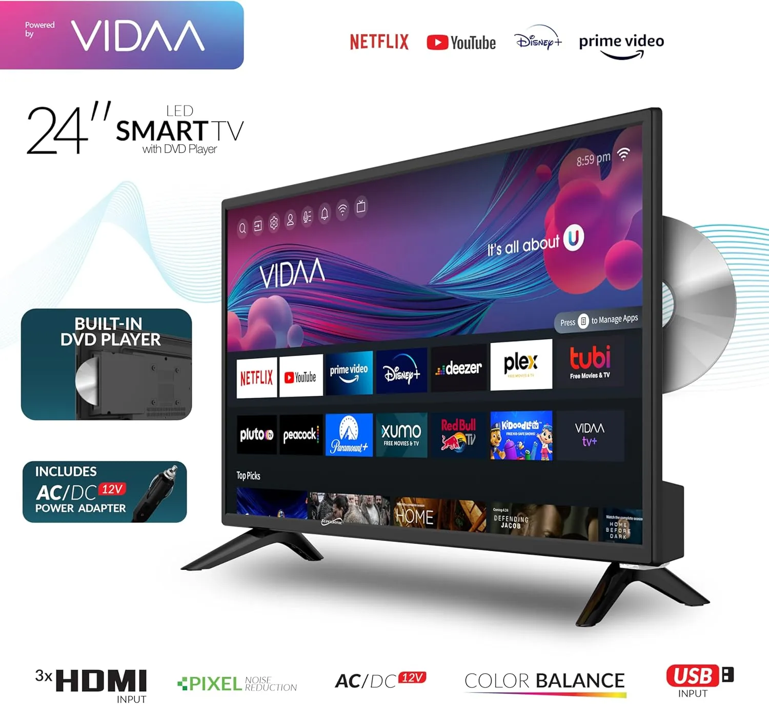 Supersonic SC-2426SDVD 24-inch LED Smart HDTV w/DVD, 1080p, WiFi, 3x HDMI