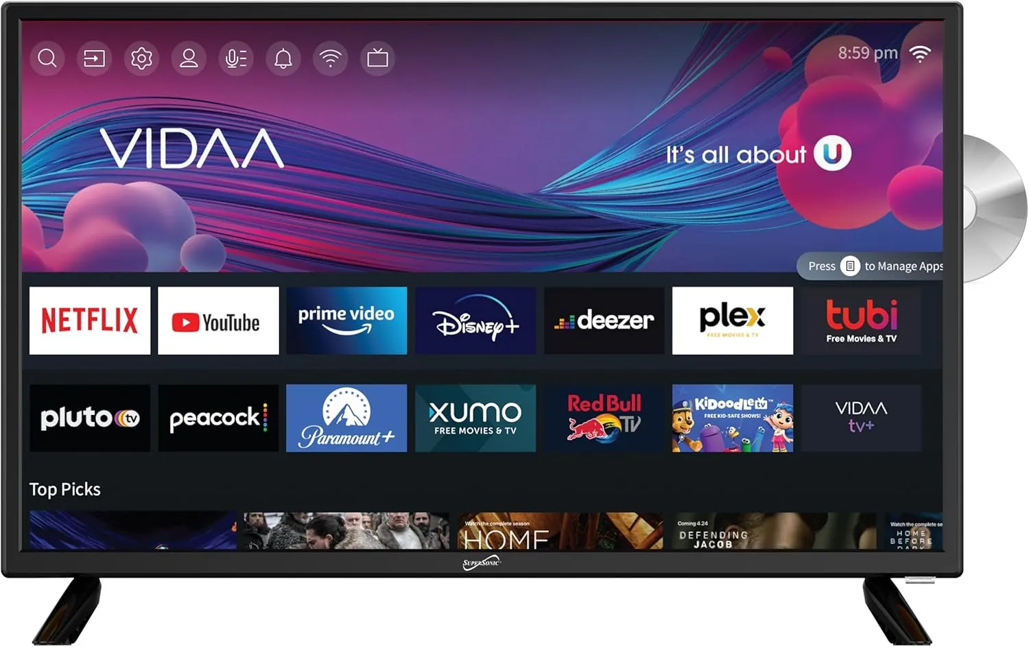 Supersonic SC-2426SDVD 24-inch LED Smart HDTV w/DVD, 1080p, WiFi, 3x HDMI