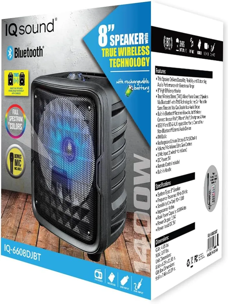 IQ Sound IQ-6608DJBT 8-inch Bluetooth Speaker with True Wireless Technology (Black)