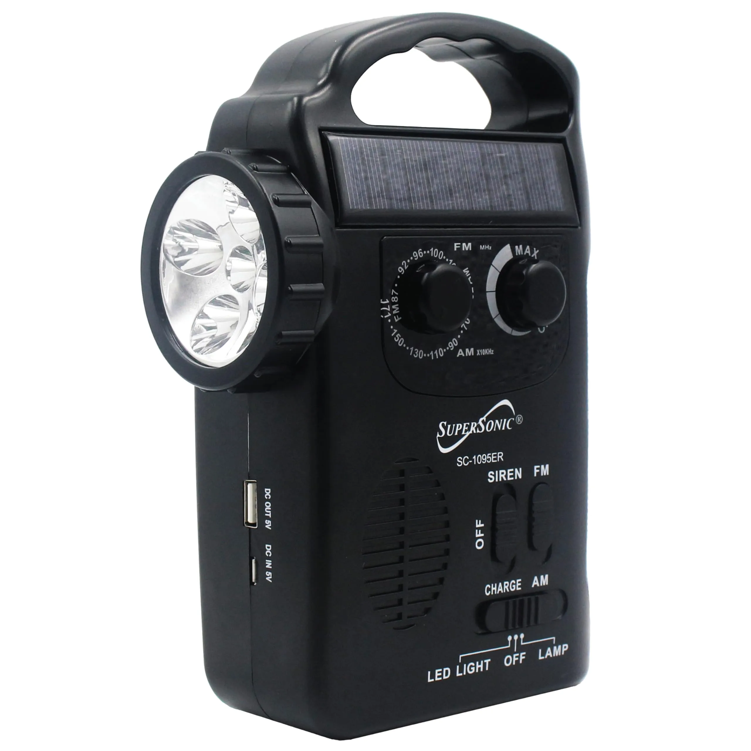 Supersonic SC-1095ER Emergency Solar/Hand Crank Radio w/Flashlight, 3 Power Supplies