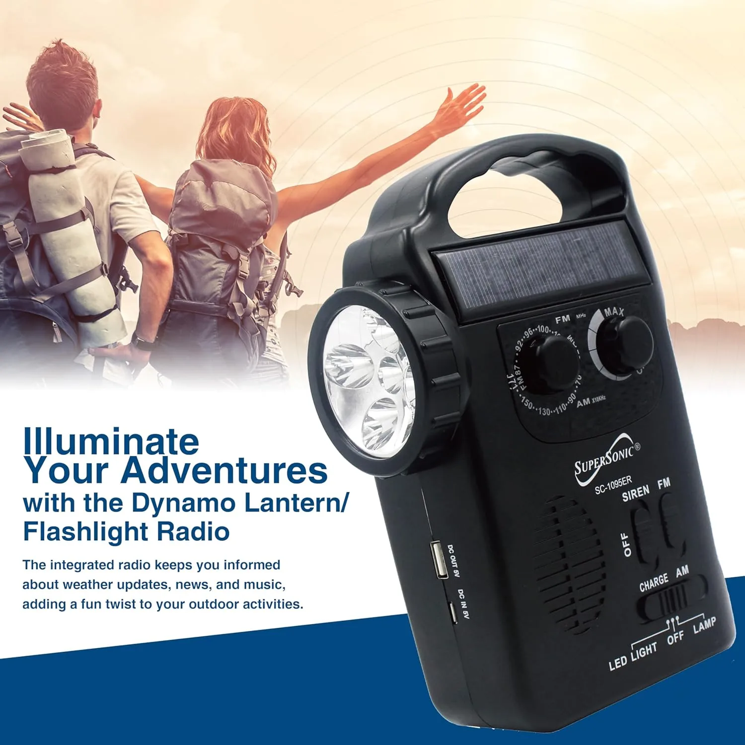 Supersonic SC-1095ER Emergency Solar/Hand Crank Radio w/Flashlight, 3 Power Supplies
