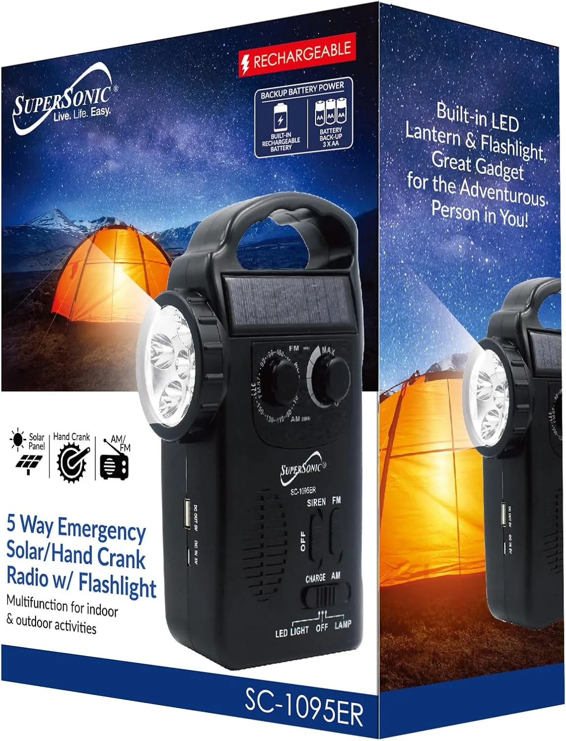 Supersonic SC-1095ER Emergency Solar/Hand Crank Radio w/Flashlight, 3 Power Supplies