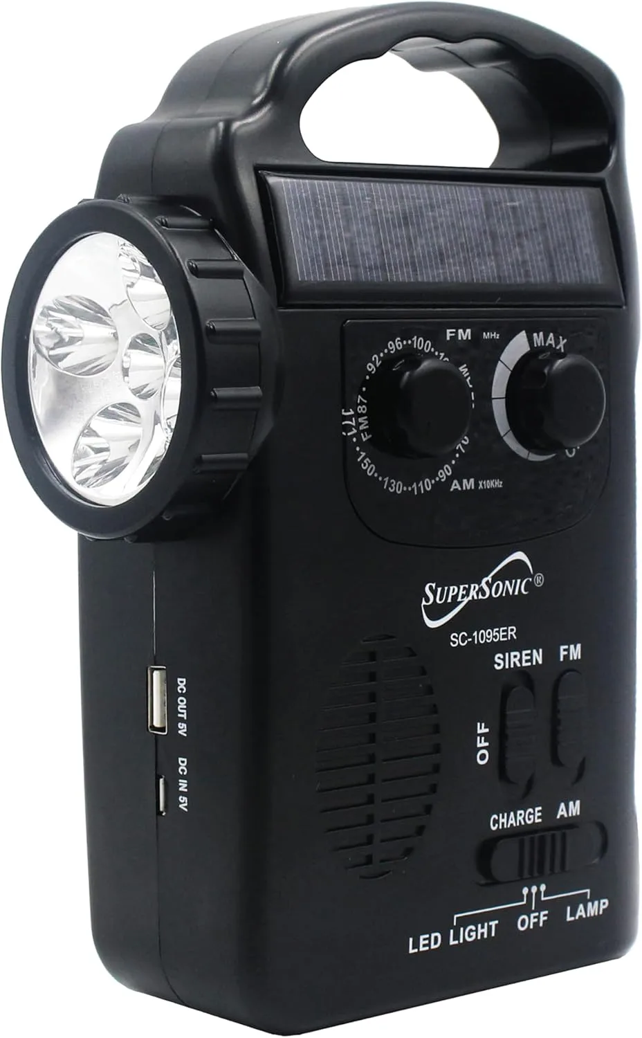 Supersonic SC-1095ER Emergency Solar/Hand Crank Radio w/Flashlight, 3 Power Supplies