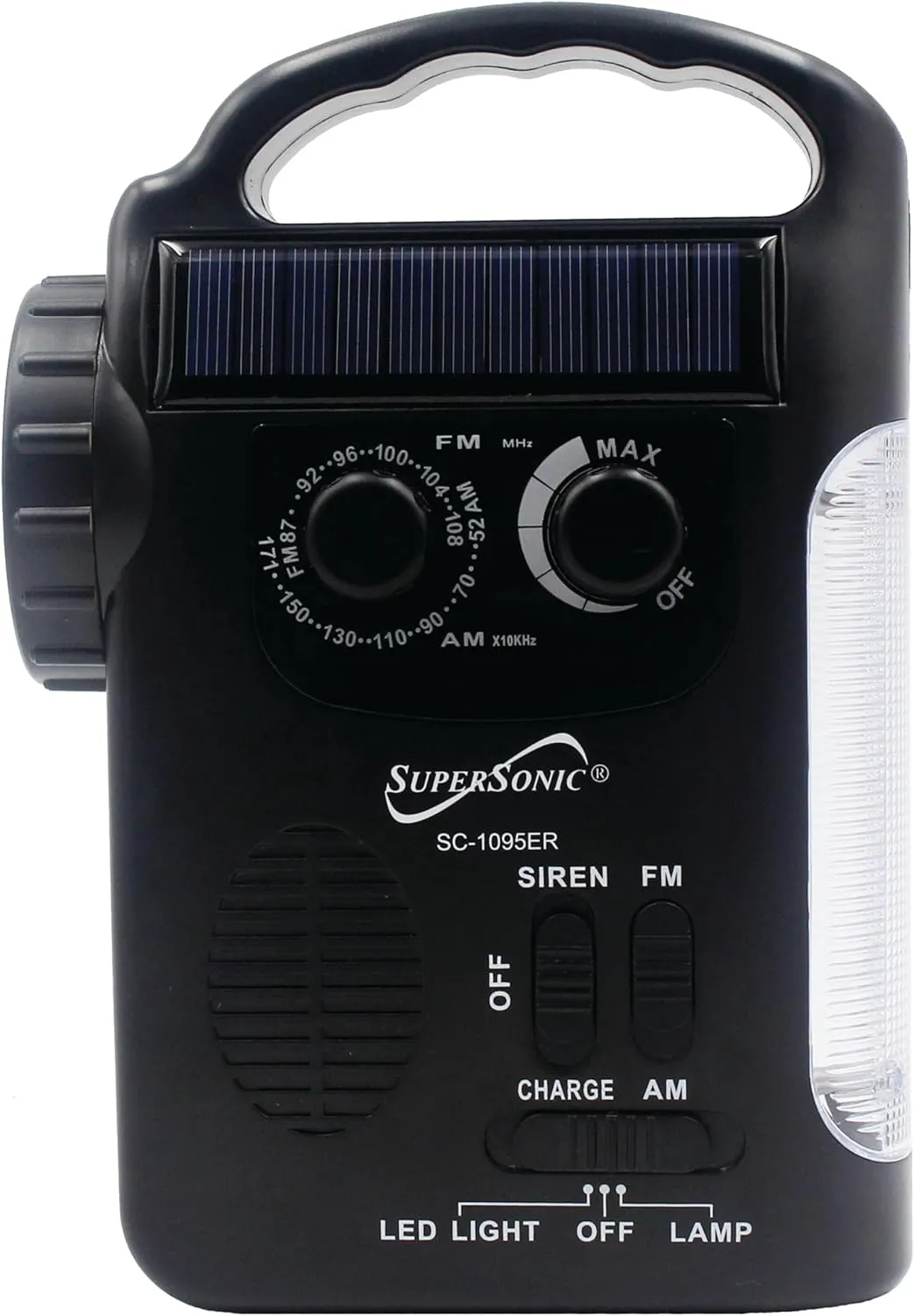Supersonic SC-1095ER Emergency Solar/Hand Crank Radio w/Flashlight, 3 Power Supplies