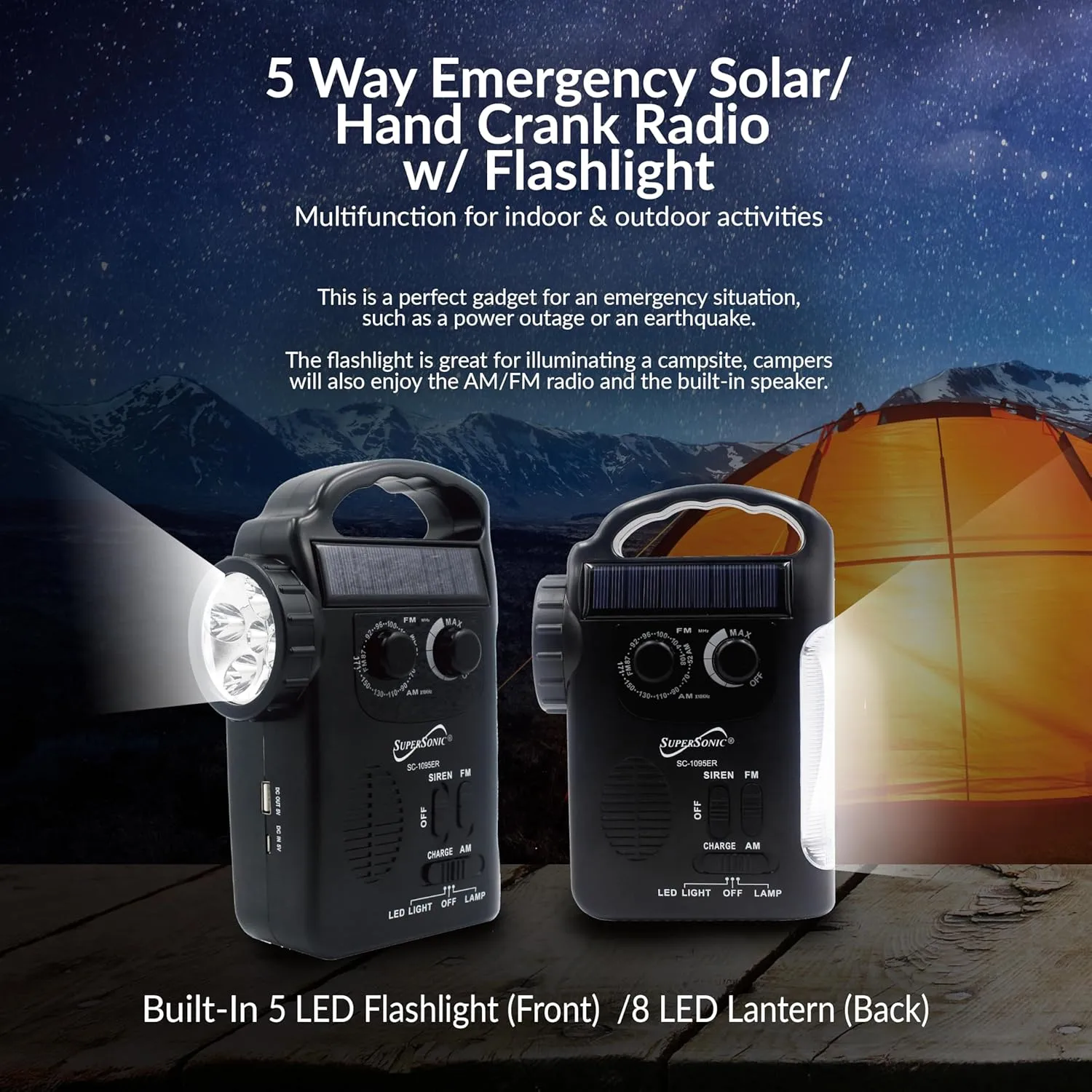 Supersonic SC-1095ER Emergency Solar/Hand Crank Radio w/Flashlight, 3 Power Supplies
