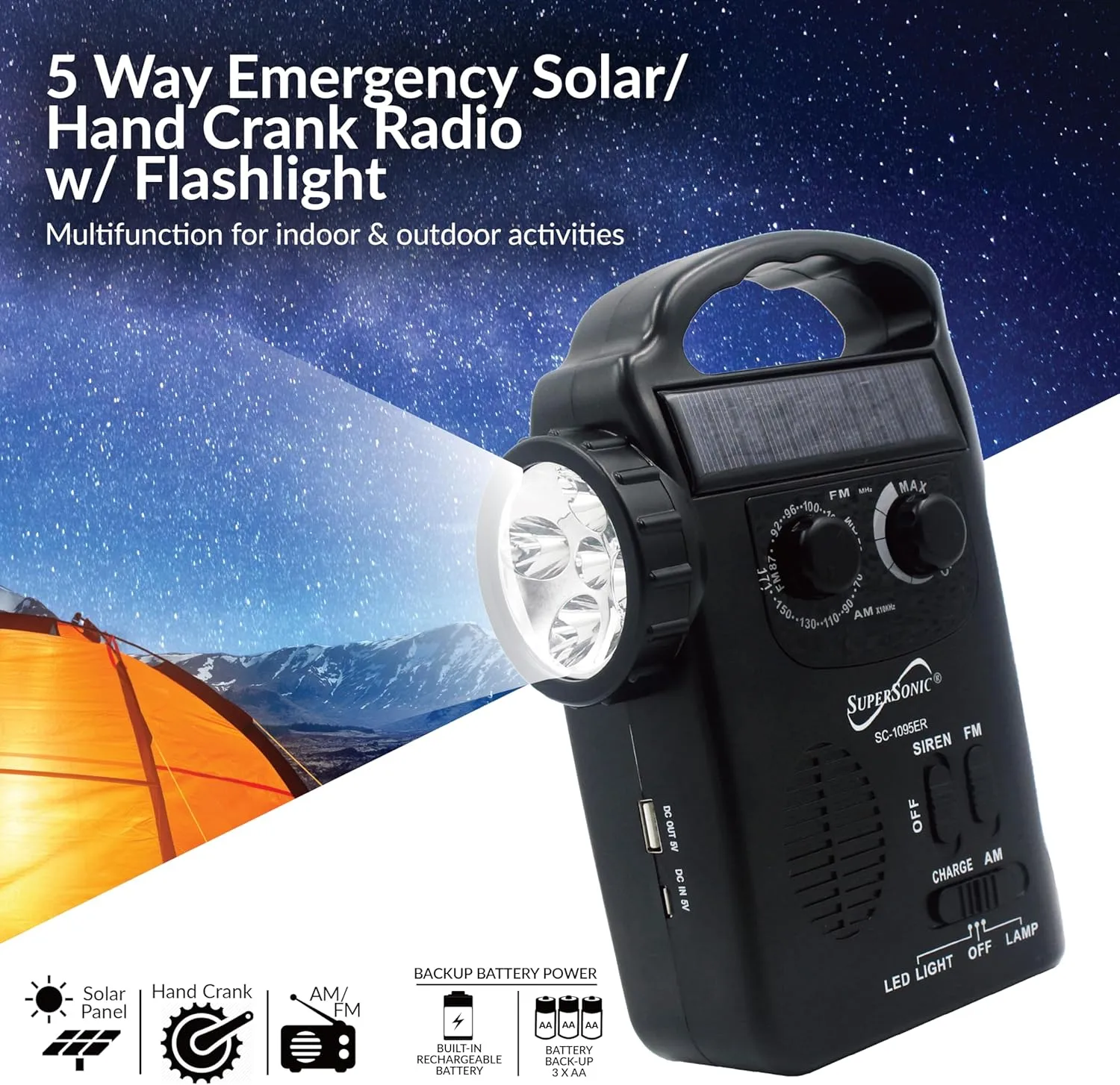 Supersonic SC-1095ER Emergency Solar/Hand Crank Radio w/Flashlight, 3 Power Supplies