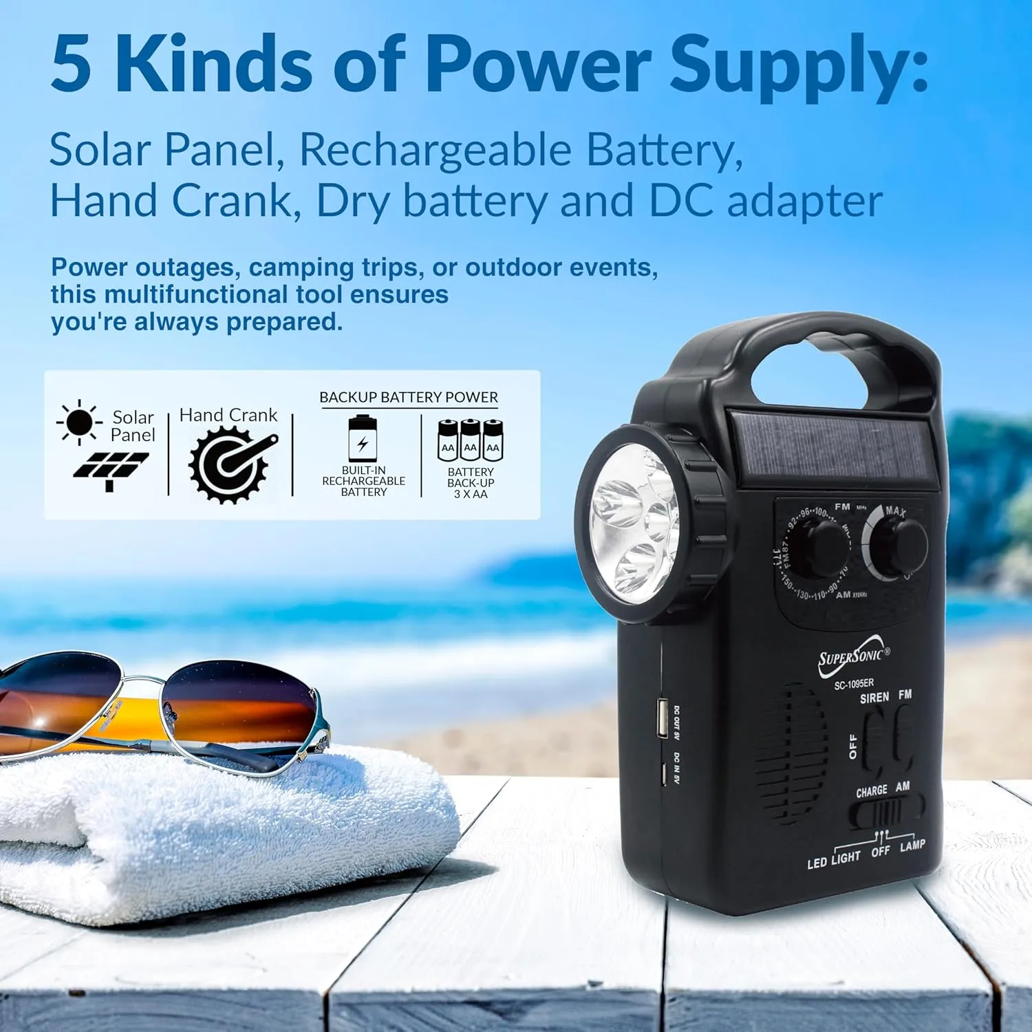 Supersonic SC-1095ER Emergency Solar/Hand Crank Radio w/Flashlight, 3 Power Supplies