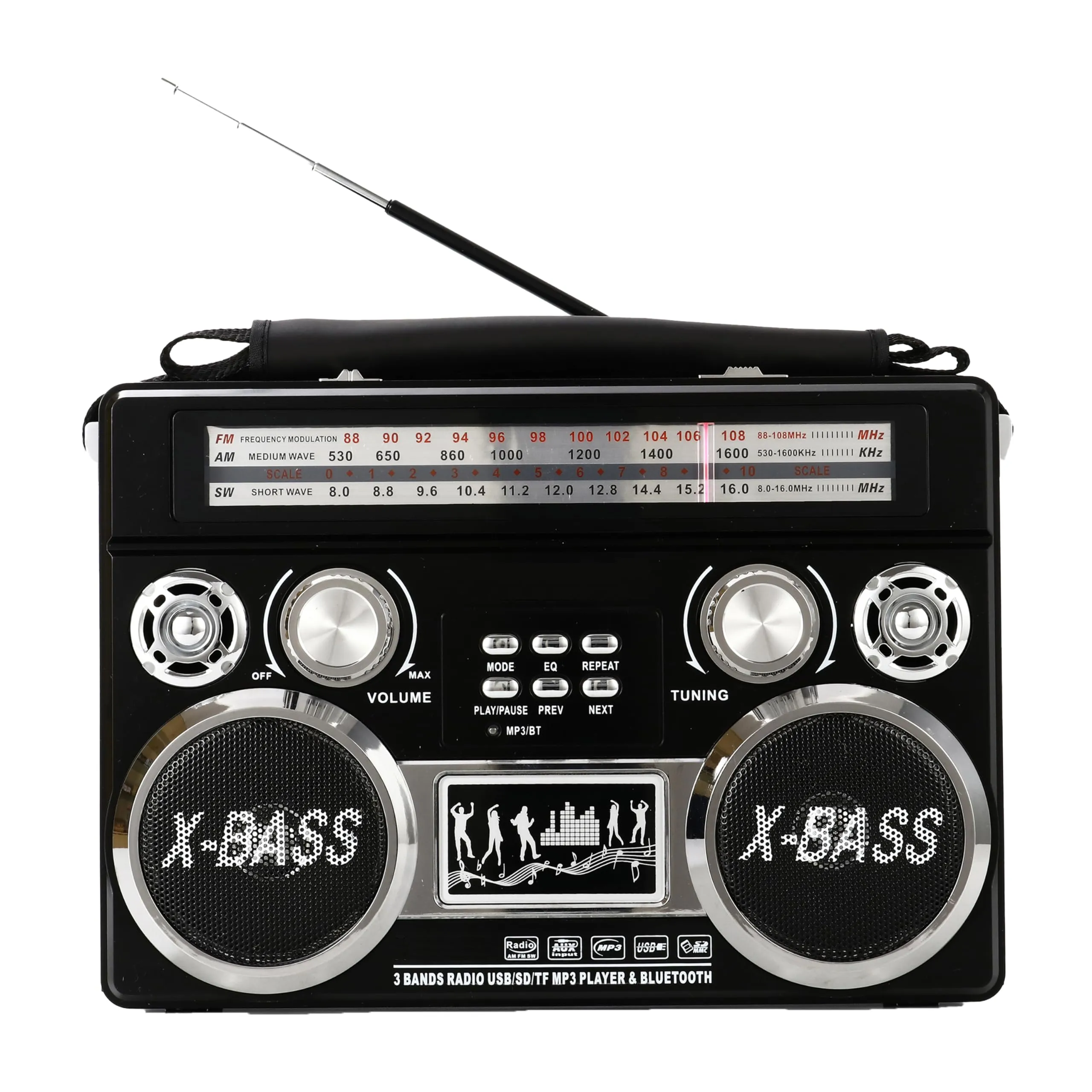 Supersonic SC-1097BT Portable 3 Band Radio with Bluetooth and Flashlight - Black