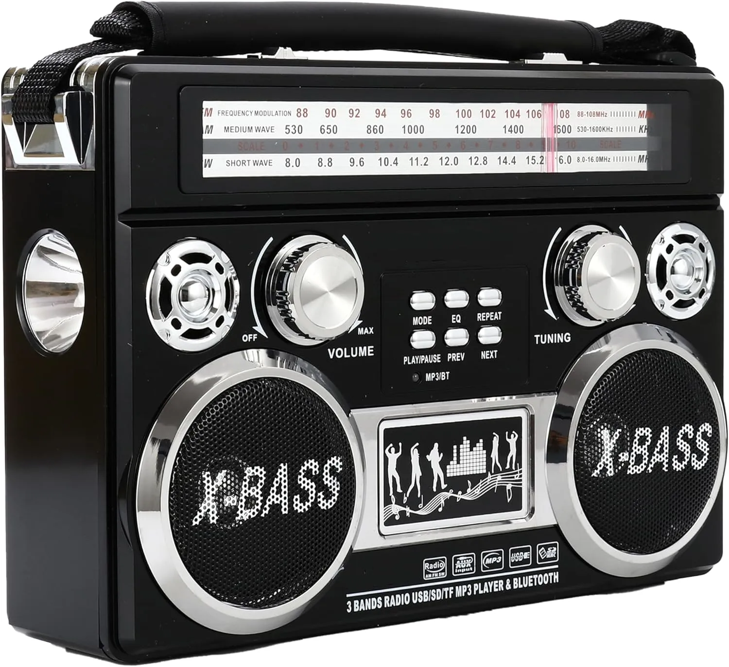 Supersonic SC-1097BT Portable 3 Band Radio with Bluetooth and Flashlight - Black