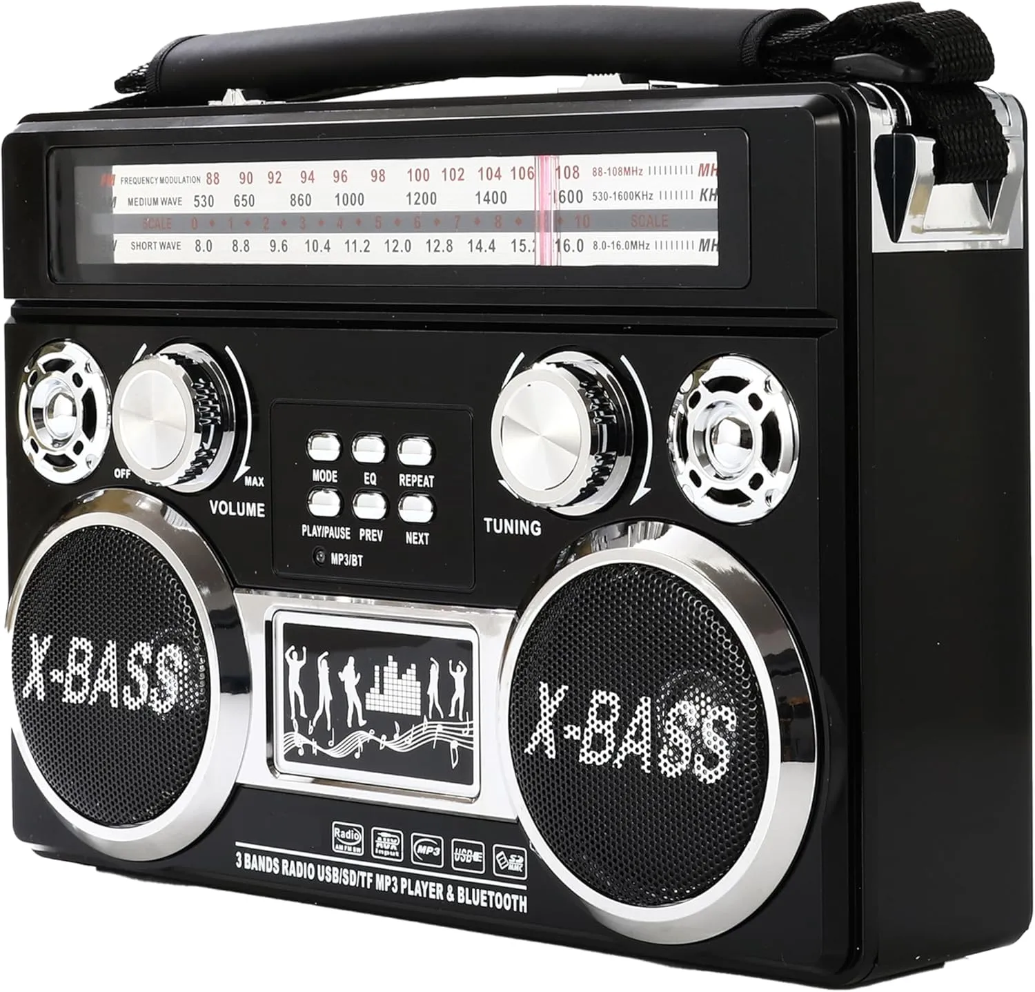 Supersonic SC-1097BT Portable 3 Band Radio with Bluetooth and Flashlight - Black
