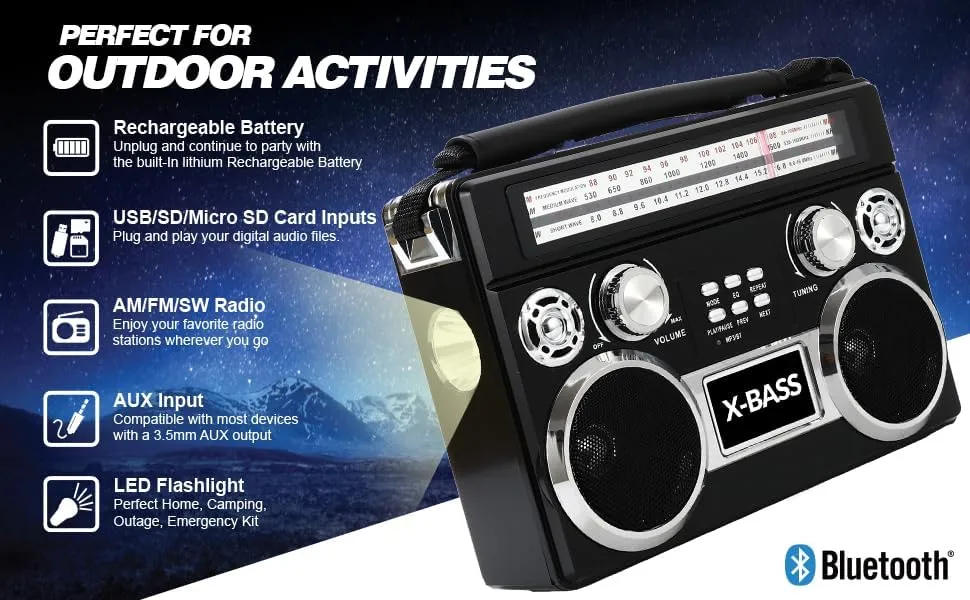 Supersonic SC-1097BT Portable 3 Band Radio with Bluetooth and Flashlight - Black