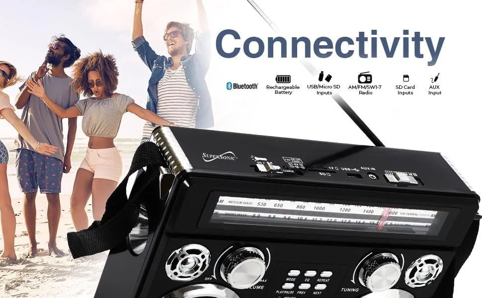 Supersonic SC-1097BT Portable 3 Band Radio with Bluetooth and Flashlight - Black