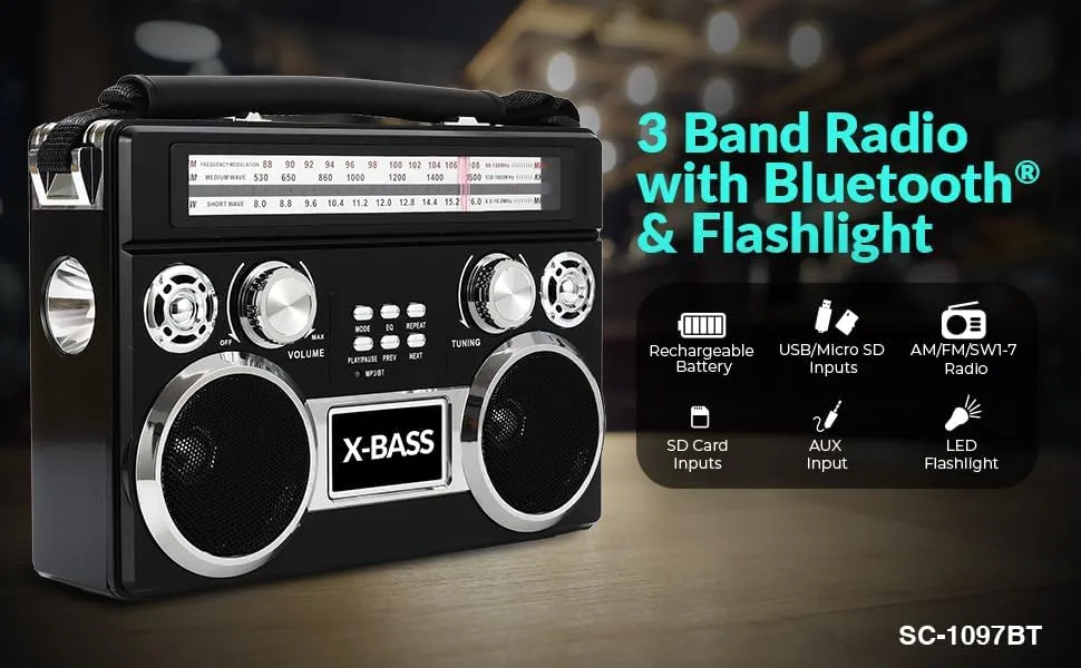 Supersonic SC-1097BT Portable 3 Band Radio with Bluetooth and Flashlight - Black