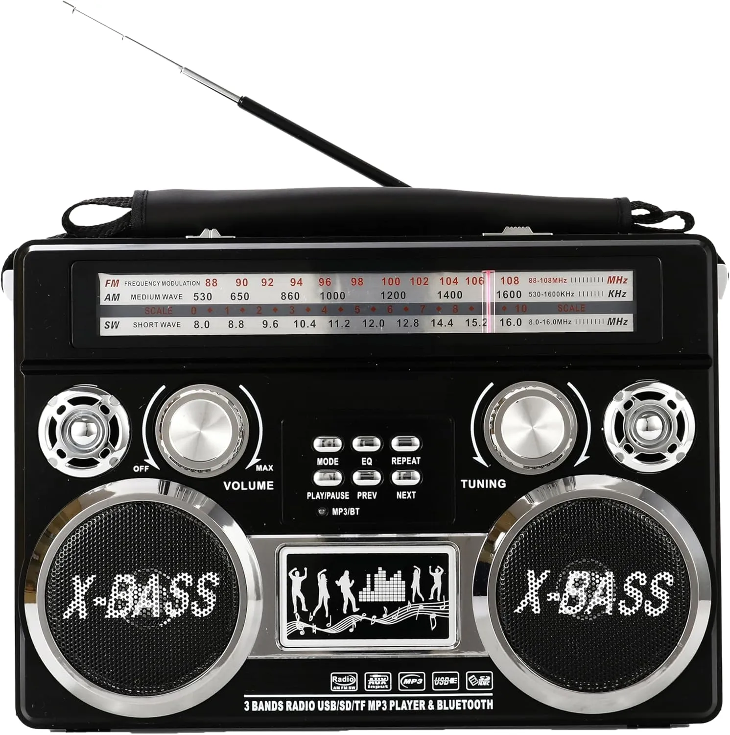 Supersonic SC-1097BT Portable 3 Band Radio with Bluetooth and Flashlight - Black
