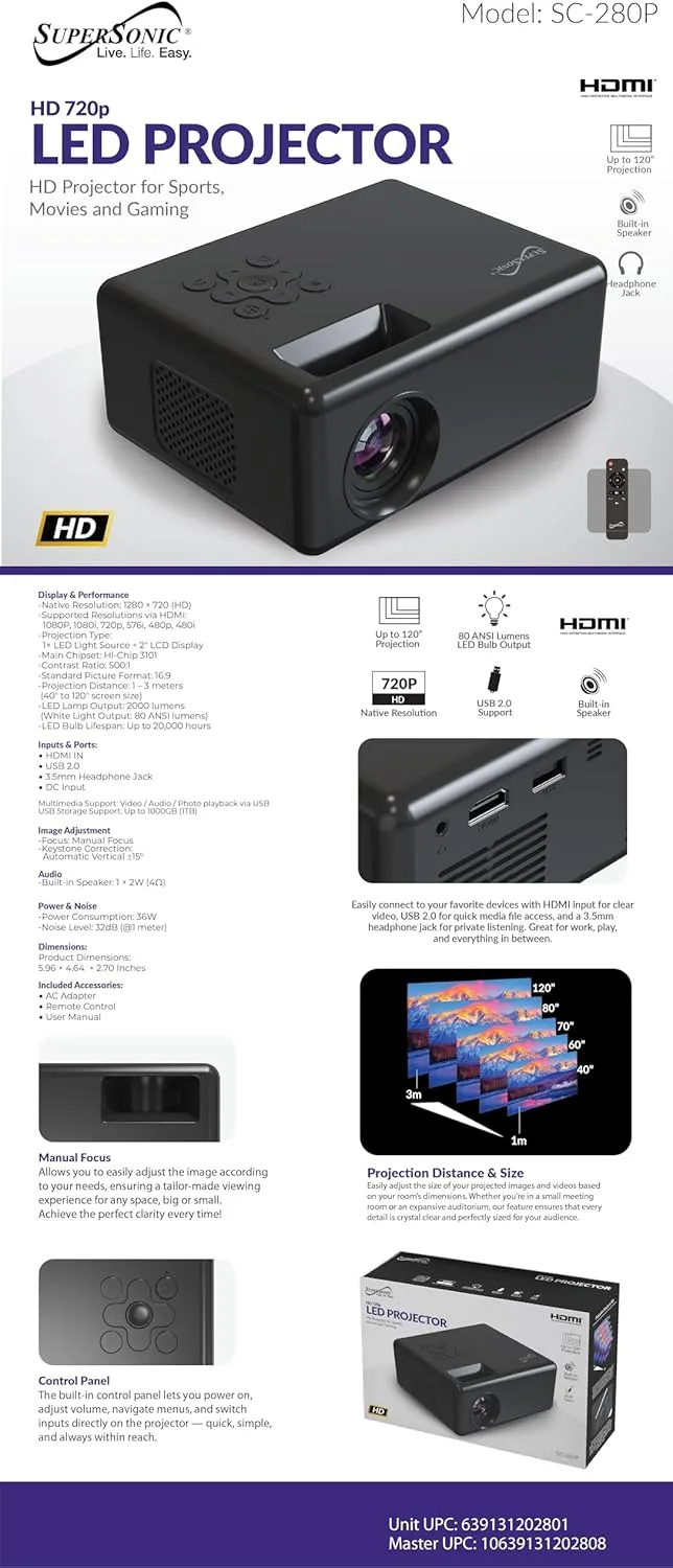 Supersonic SC-280P 720P HD LED Projector — 1280×720 Native, 1080P HDMI, 2000 Lumens