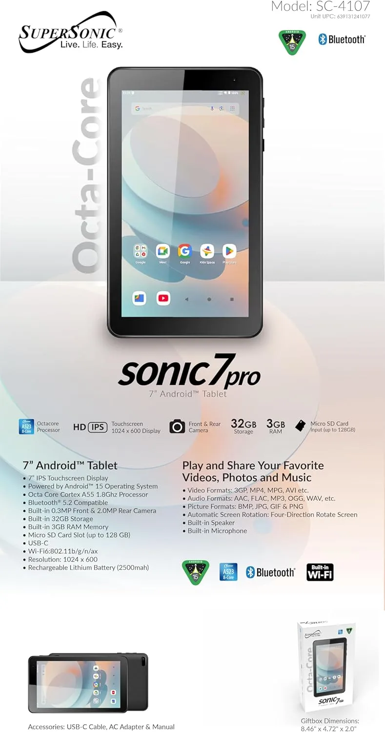 SUPERSONIC Sonic Android Tablet - Allwinner A523 Octa-Core, 3GB/32GB