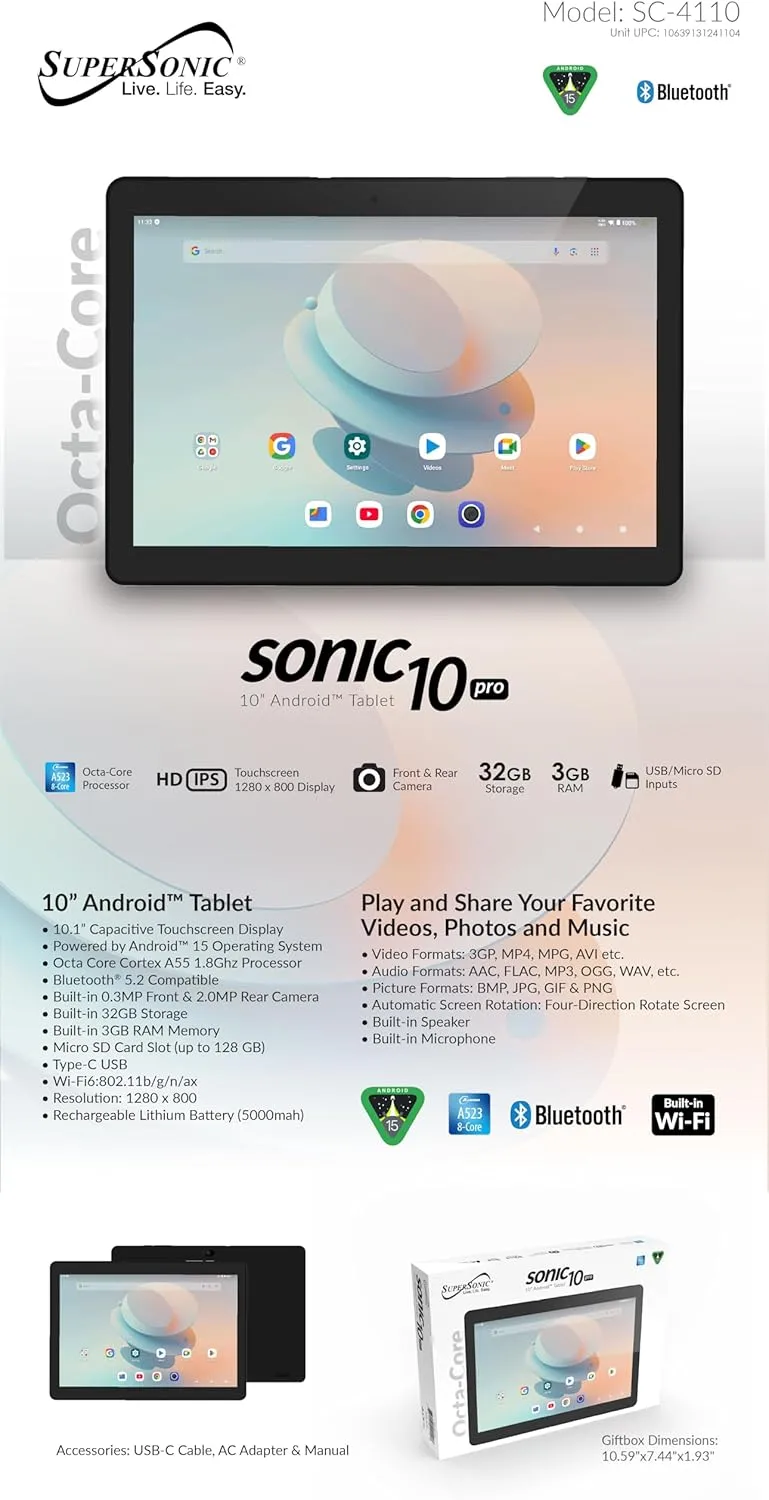 SUPERSONIC Sonic Android Tablet - Allwinner A523 Octa-Core, 3GB/32GB