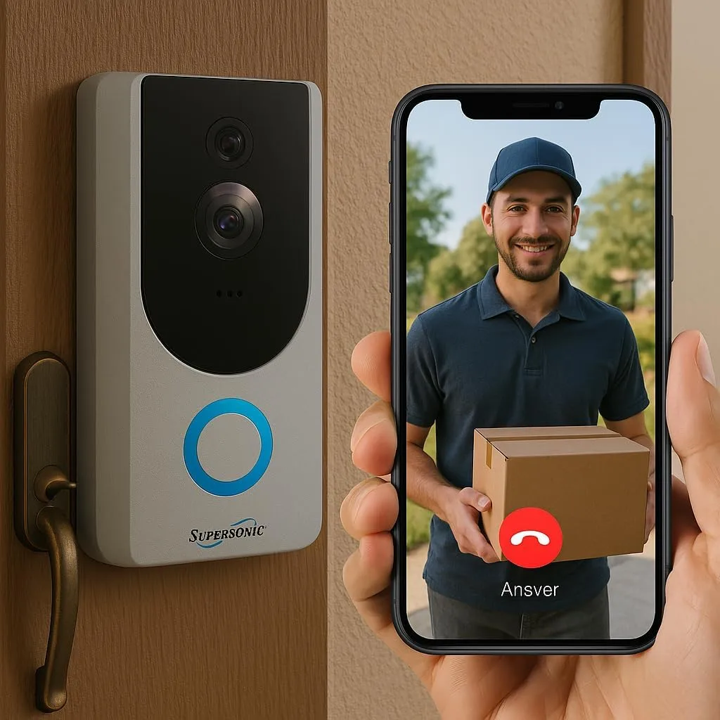Supersonic SC-5000VD Smart WiFi Doorbell Camera, with 1080P HD Video Recording, Voice Call Intercom, Infrared Night Vision, Remote Monitor, Intercom, Trigger, Built-in SD Card, No Wire Connection