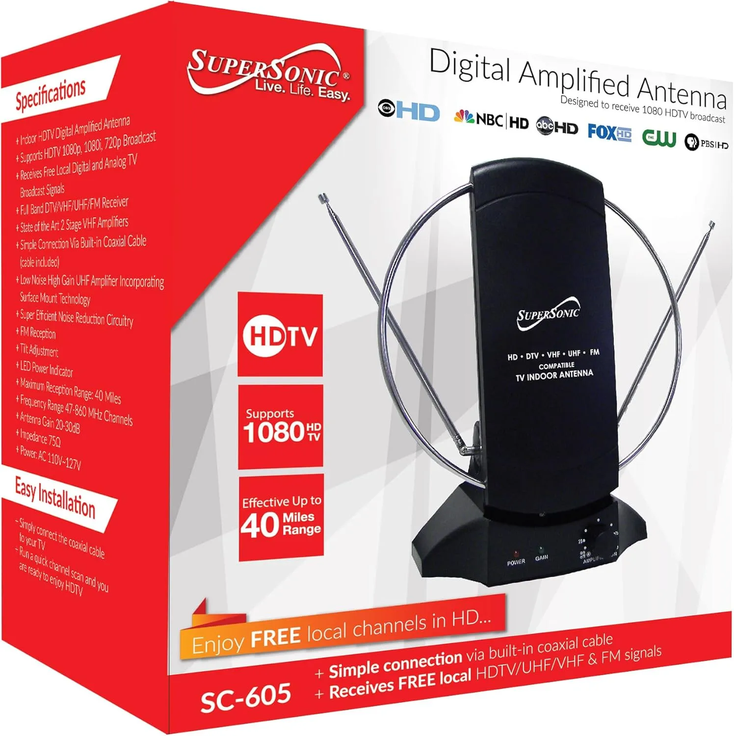 Supersonic SC-605 HDTV Digital Amplified Indoor Antenna, Supports 1080p/1080i/720p Broadcast, Receives Free Local Digital & Analog TV Signals, Noise Reduction, FM Reception, Range up to 40 Miles