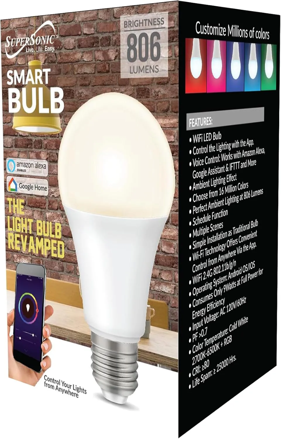 Supersonic SC-846SB Smart LED Bulb with WiFi and Alexa Enabled, WiFi, App Control, 16 Million Colors, 806 Lumen, Scheduling, Multiple Scenes, Easy Installation, Android/iOS, Energy Efficiency