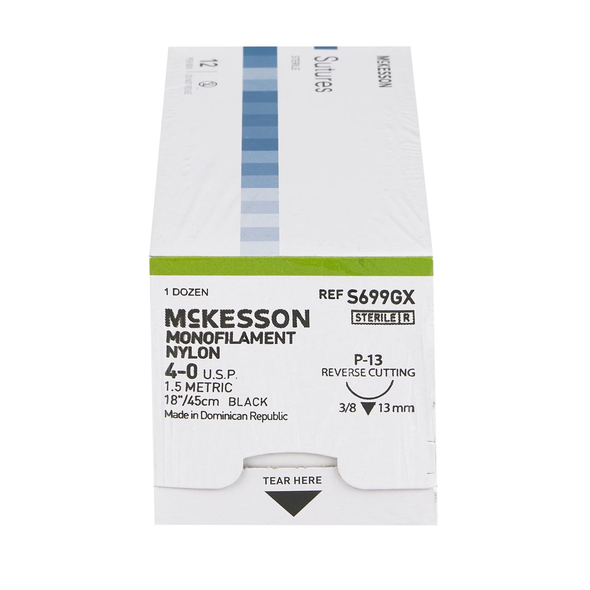 McKesson Nonabsorbable Nylon Suture with P-13 Precision Reverse Cutting Needle, 4-0, 18 in., Black Monofilament (BX/12)