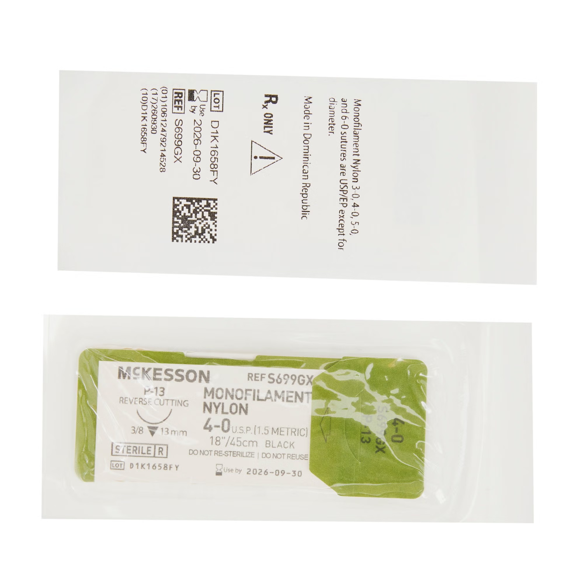McKesson Nonabsorbable Nylon Suture with P-13 Precision Reverse Cutting Needle, 4-0, 18 in., Black Monofilament (BX/12)