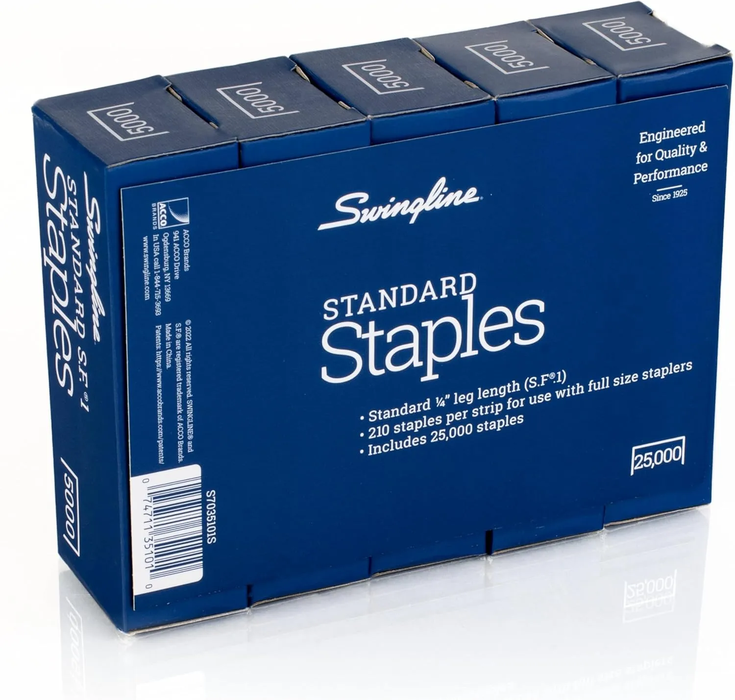 Swingline Staples, 5 Pack, Standard Staples for Desktop Staplers, 1/4" Length, 210/Strip, 5000/Box (35101)