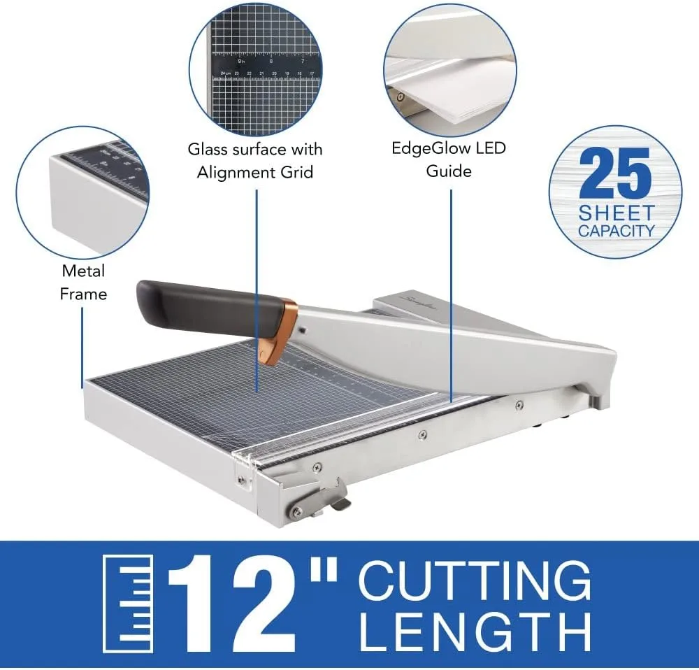Swingline Paper Cutter, Guillotine Trimmer with EdgeGlow LED Cut Guide and Tempered Glass Surface, 12" Cut Length, 25 Sheet Capacity, ClassicCut 1225G (G7010005)