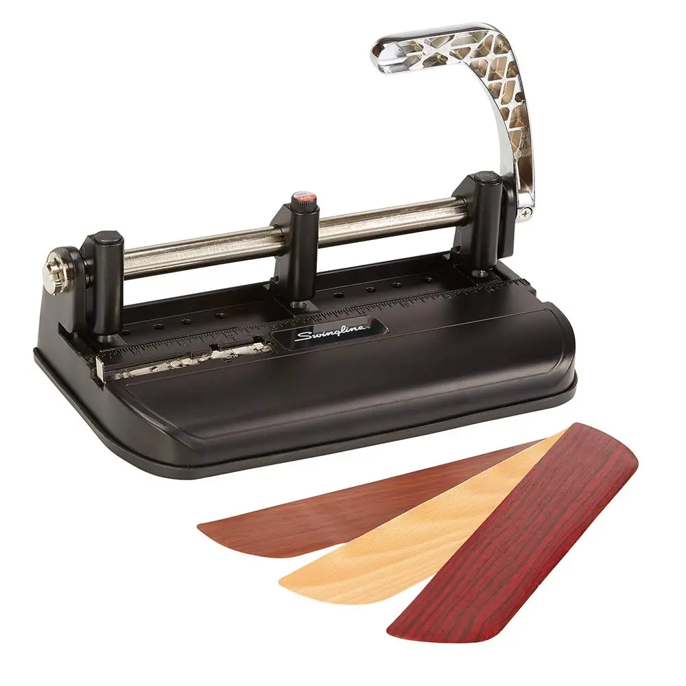 Swingline Heavy Duty Adjustable 2-7 Hole Punch, 40-Sheet Capacity, Chrome/Black/Woodgrain