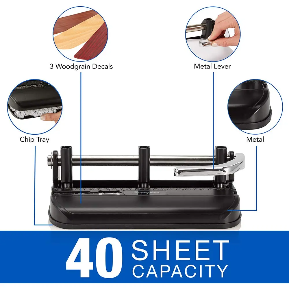 Swingline Heavy Duty Adjustable 2-7 Hole Punch, 40-Sheet Capacity, Chrome/Black/Woodgrain