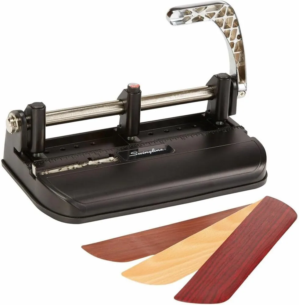 Swingline Heavy Duty Adjustable 2-7 Hole Punch, 40-Sheet Capacity, Chrome/Black/Woodgrain
