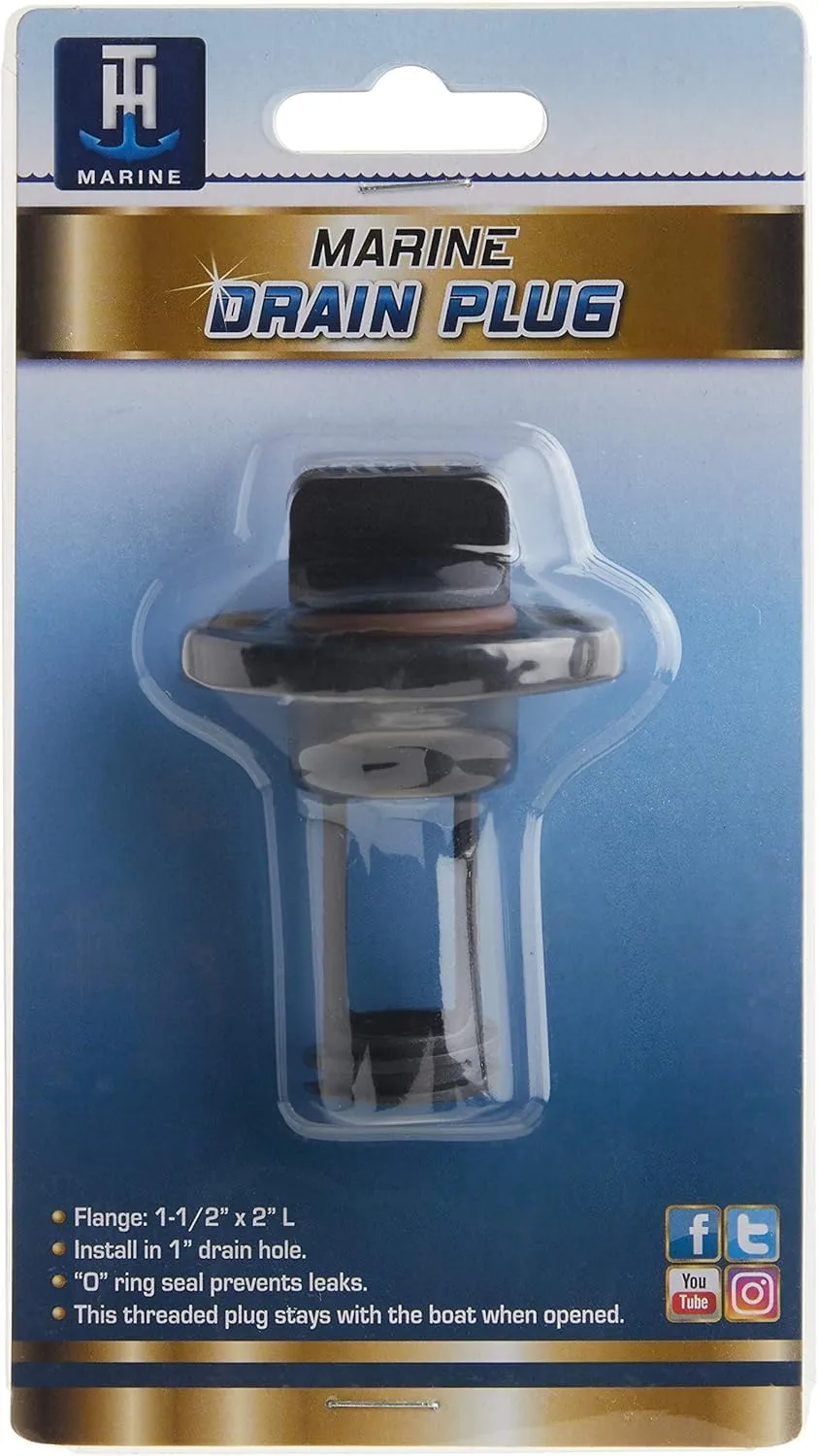 T-H Marine DP-1-DP Self-Retaining Screw-Type Boat Drain Plug, Polypropylene, Fits 1" Hole, Black