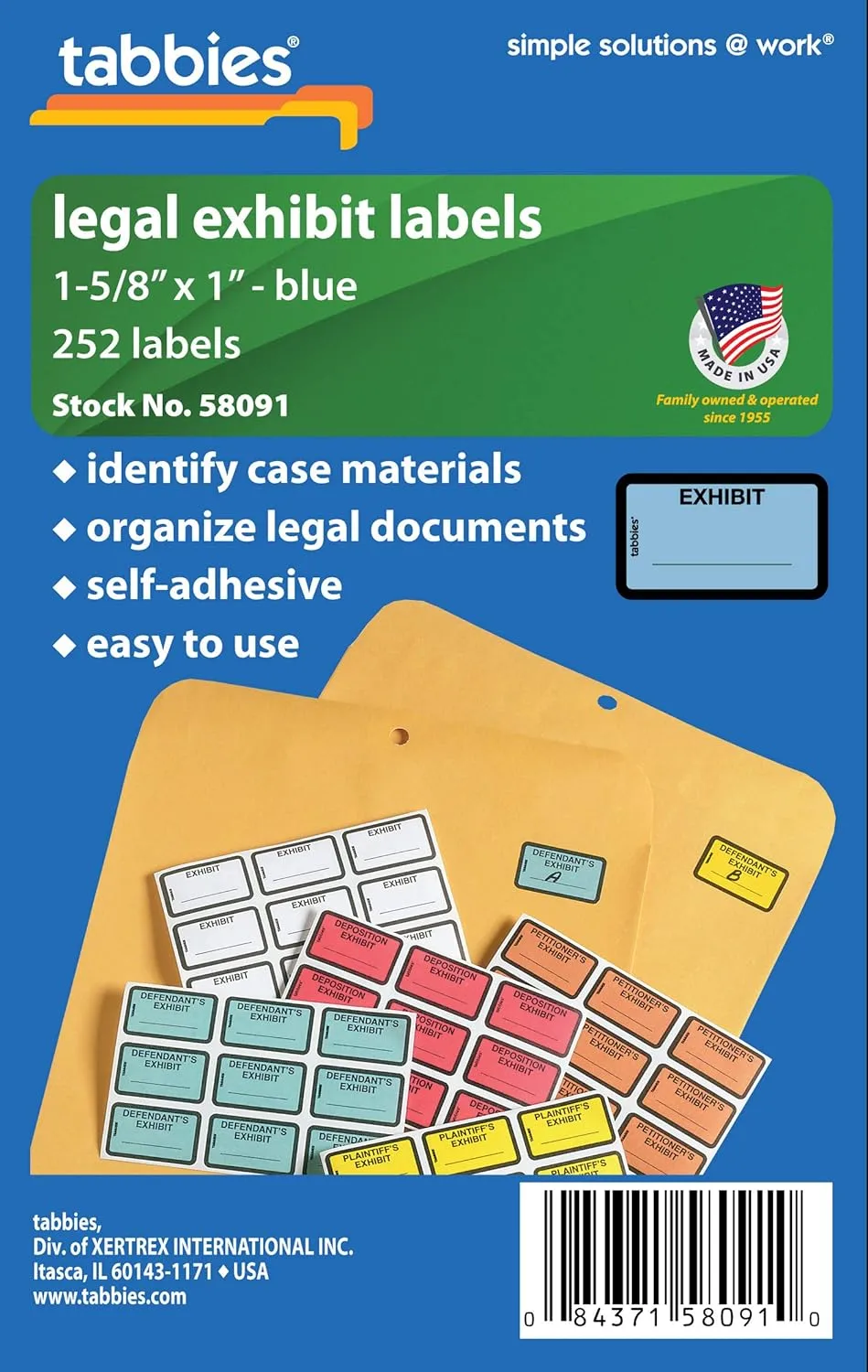 Tabbies Color-coded Legal Exhibit Labels, TAB58091, 1 5/8inW x 1inL, Blue, Pack Of 252