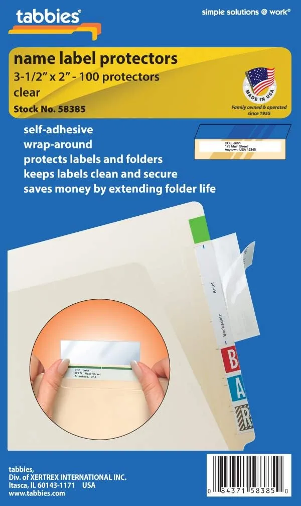 Tabbies Self-Adhesive File Folder Label Protectors, 3-1/2 x 2 in, Clear - Pack of 100
