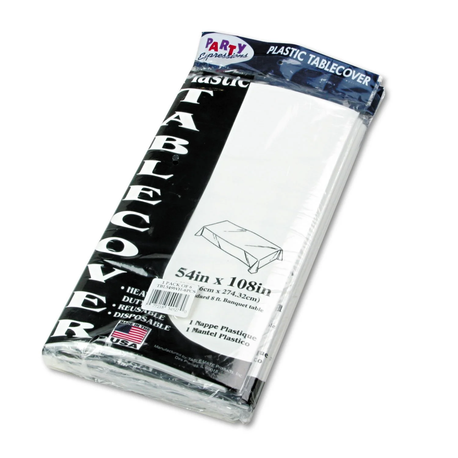 Tablemate Table Set Rectangular Table Cover, Heavyweight Plastic, 54" X 108", White, 6/pack