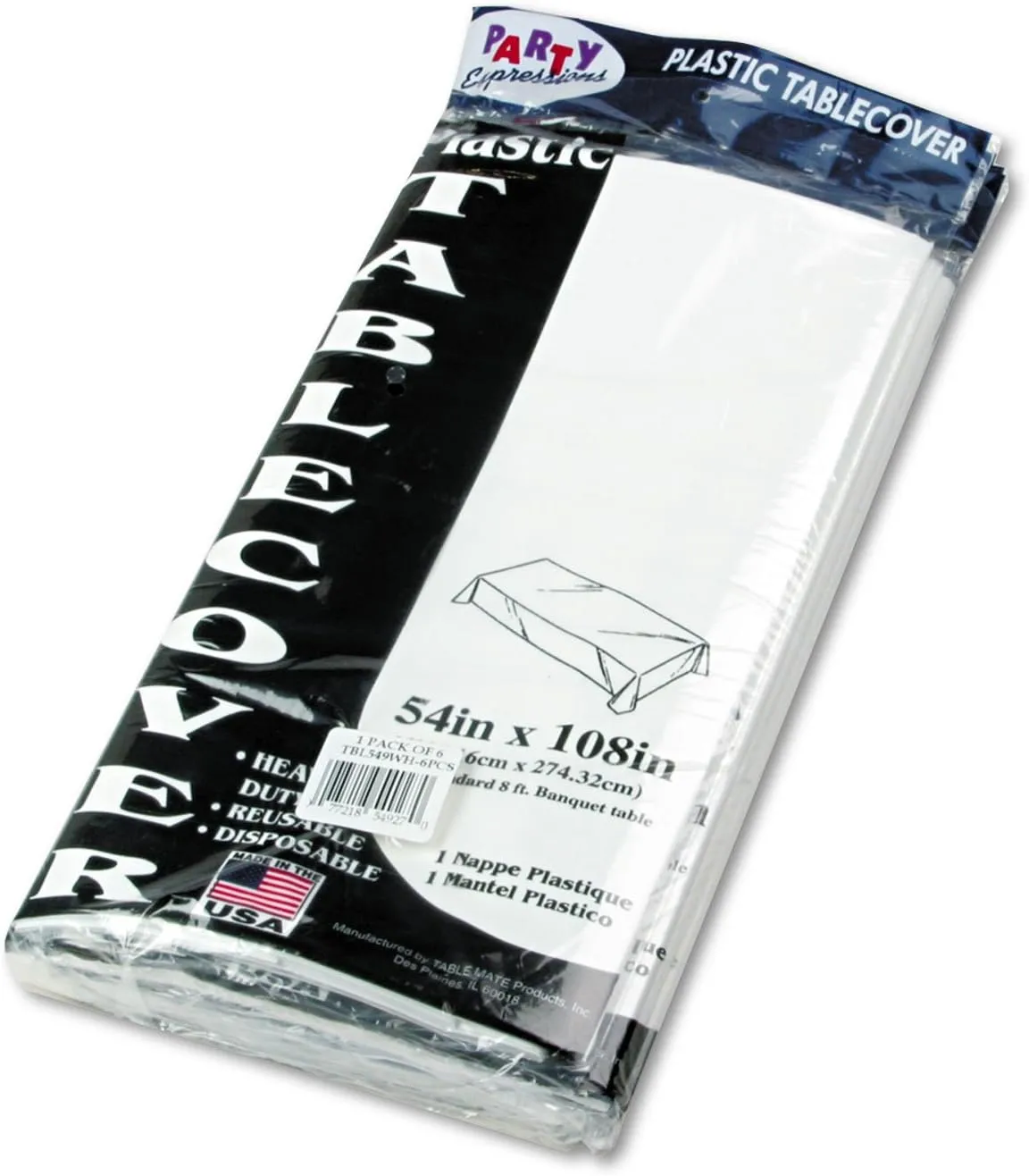 Tablemate Table Set Rectangular Table Cover, Heavyweight Plastic, 54" X 108", White, 6/pack