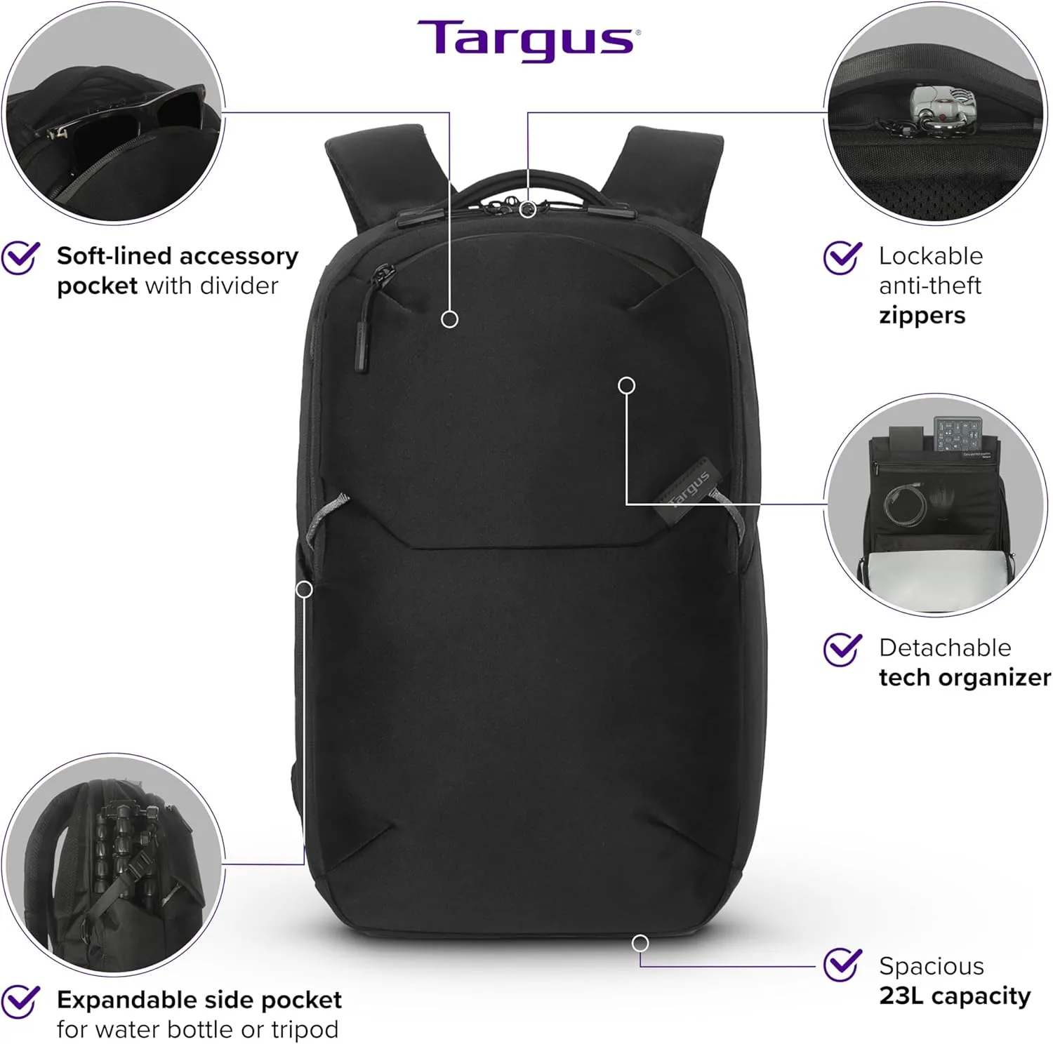 Targus 15-16” Work+ EcoSmart Backpack – Detachable Tech Organizer, Lockable Zippers, Recycled Materials, 23L Capacity, Water Bottle Pocket, Anti-Theft Design - TBB657GL