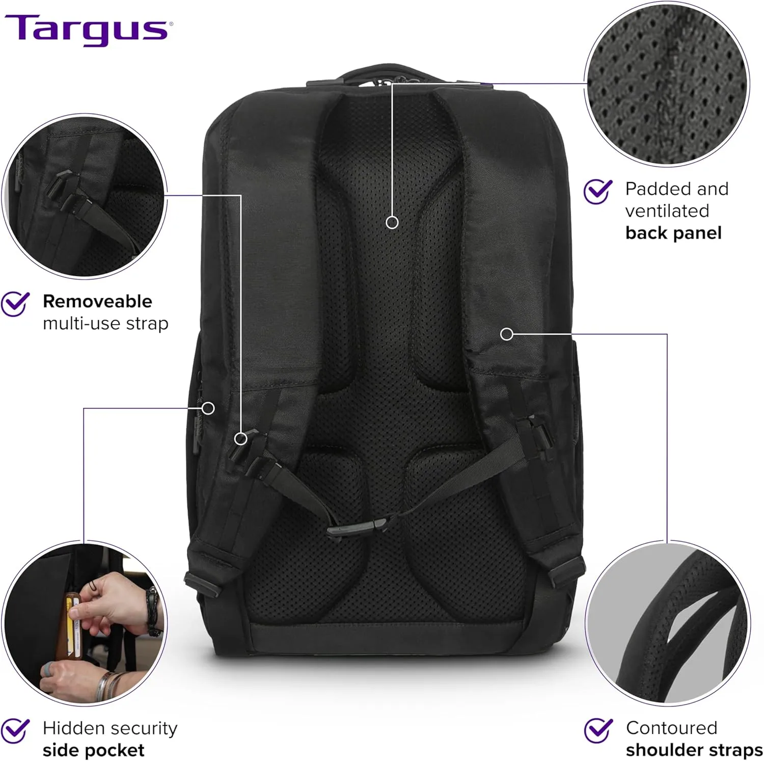 Targus 15-16” Work+ EcoSmart Backpack – Detachable Tech Organizer, Lockable Zippers, Recycled Materials, 23L Capacity, Water Bottle Pocket, Anti-Theft Design - TBB657GL