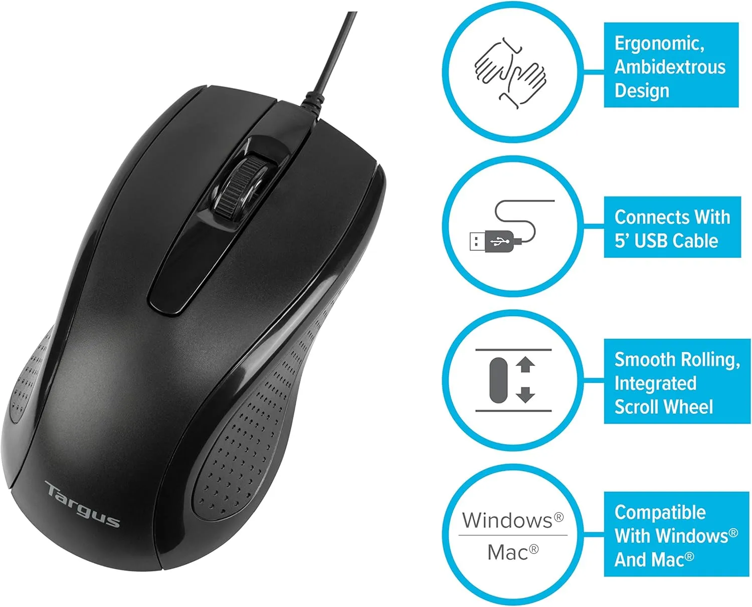 Targus 3-Button USB Full-Size Optical Mouse with 6-Foot USB Cord, Supports Windows and Mac, Black (AMU81USZ) (Pack of 4)